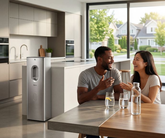 Mixed couple drinking water in their kitchen from the Kara Water